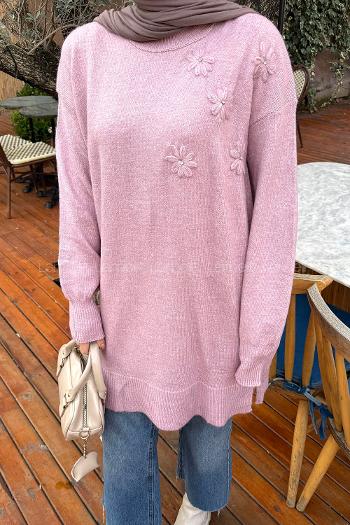 Lamelif Çiçek Detaylı Triko Kazak Lila