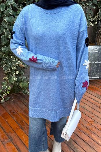 Lamelif Çiçek Detaylı Triko Kazak Mavi