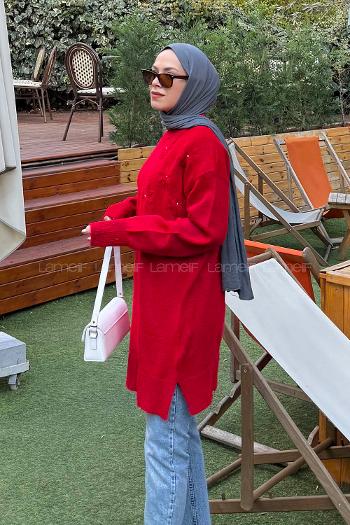 Lamelif Çiçek Detaylı Triko Kazak Nar Çiçeği