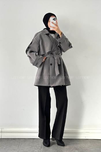 Lamelif Çizgili Omuz Apoletli Trençkot Antrasit