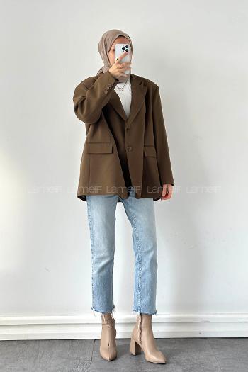 Lamelif Dekoratif Cep Detaylı Tesettür Ceket Haki