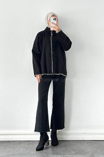 Lamelif Dikiş Detaylı Panço Siyah