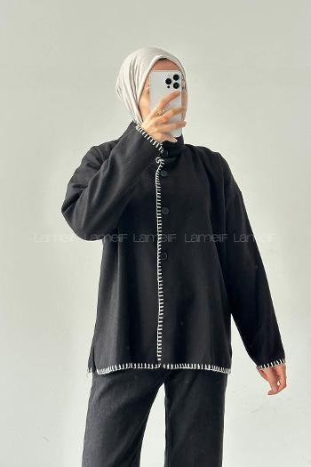 Lamelif Dikiş Detaylı Panço Siyah