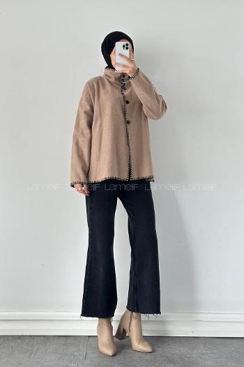 Lamelif Dikiş Detaylı Panço Sütlü Kahve