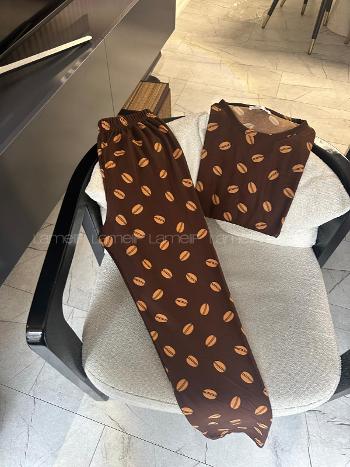 Lamelif Kahve Çekirdeği Detaylı Pijama Takımı