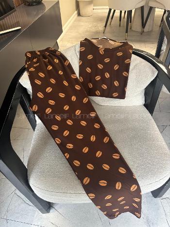 Lamelif Kahve Çekirdeği Detaylı Pijama Takımı