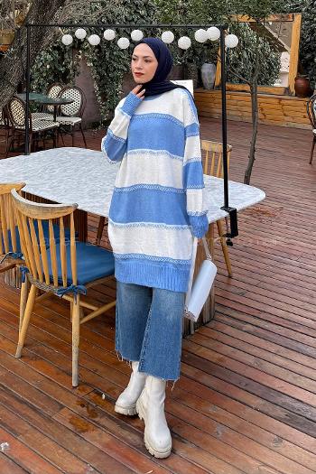 Lamelif Kalın Çizgili Kazak Bebe Mavisi