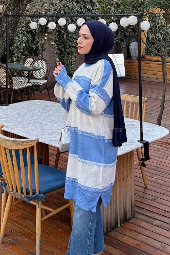 Lamelif Kalın Çizgili Kazak Bebe Mavisi