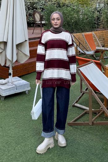 Lamelif Kalın Çizgili Kazak Bordo