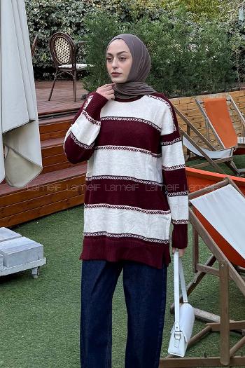 Lamelif Kalın Çizgili Kazak Bordo
