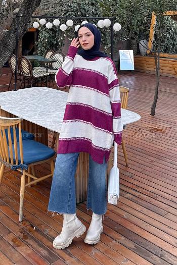 Lamelif Kalın Çizgili Kazak Fuşya