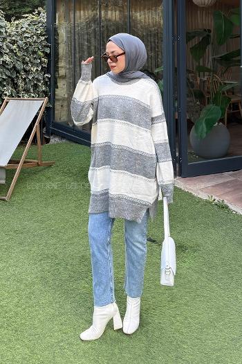 Lamelif Kalın Çizgili Kazak Koyu Gri