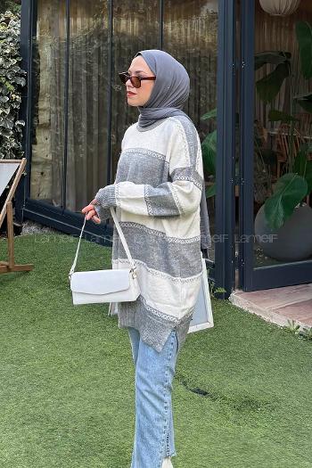 Lamelif Kalın Çizgili Kazak Koyu Gri