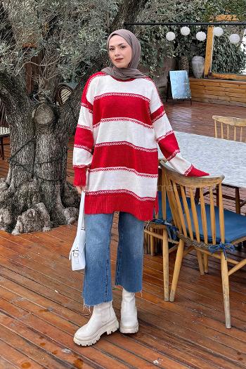 Lamelif Kalın Çizgili Kazak Nar Çiçeği