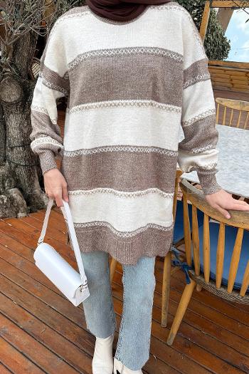 Lamelif Kalın Çizgili Kazak Soft Kahve