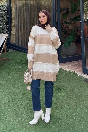 Lamelif Kalın Çizgili Kazak Sütlü Kahve