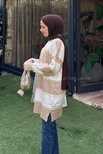 Lamelif Kalın Çizgili Kazak Sütlü Kahve