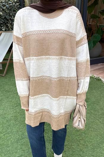 Lamelif Kalın Çizgili Kazak Sütlü Kahve