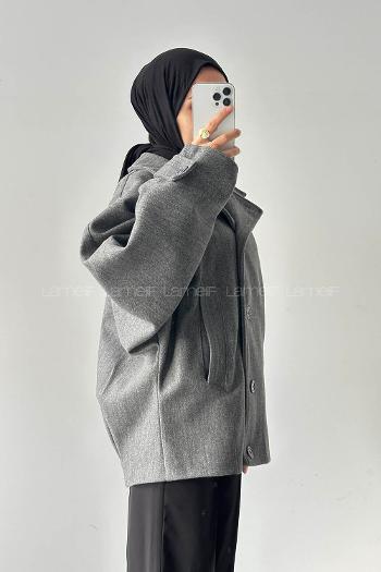 Lamelif Kol Kemerli Kaşe Kaban Antrasit