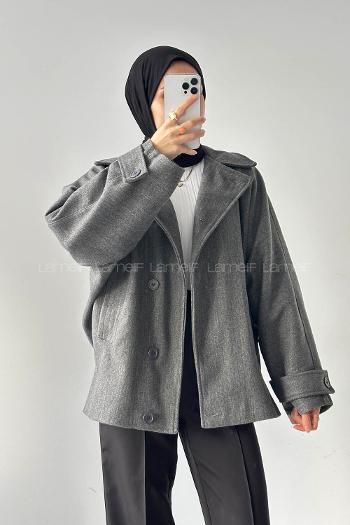 Lamelif Kol Kemerli Kaşe Kaban Antrasit
