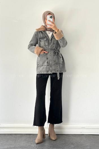 Lamelif Kürklü Denim Mont Gri