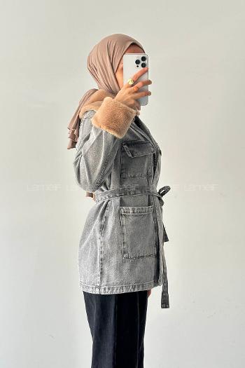 Lamelif Kürklü Denim Mont Gri