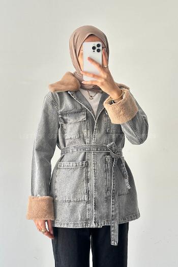 Lamelif Kürklü Denim Mont Gri