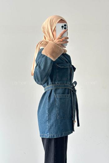 Lamelif Kürklü Denim Mont Kot Mavisi