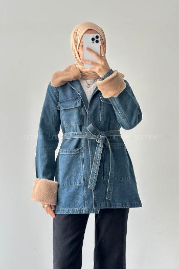Lamelif Kürklü Denim Mont Kot Mavisi