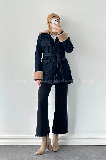 Lamelif Kürklü Denim Mont Koyu Mavi