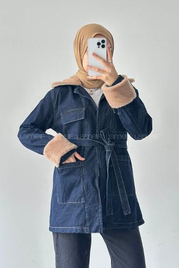 Lamelif Kürklü Denim Mont Koyu Mavi