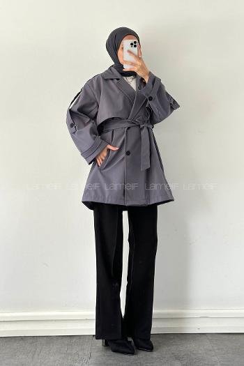 Lamelif Omuz Apoletli Trençkot Gri