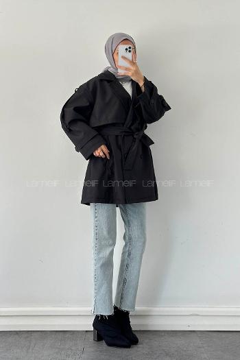 Lamelif Omuz Apoletli Trençkot Siyah