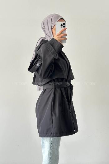Lamelif Omuz Apoletli Trençkot Siyah