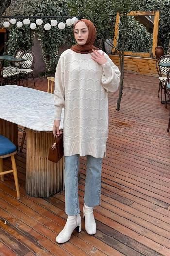 Lamelif Örgü Desen Uzun Kazak Bej