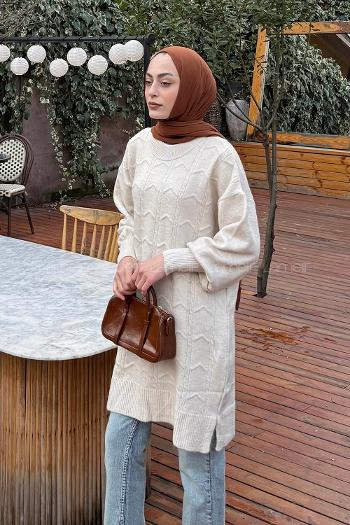 Lamelif Örgü Desen Uzun Kazak Bej