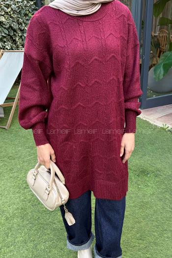 Lamelif Örgü Desen Uzun Kazak Bordo