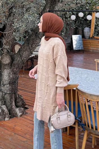 Lamelif Örgü Desen Uzun Kazak Sütlü Kahve