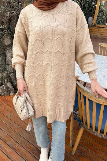 Lamelif Örgü Desen Uzun Kazak Sütlü Kahve