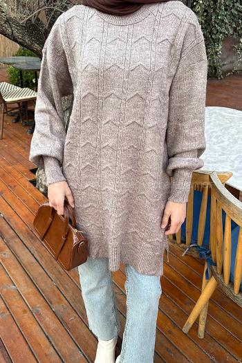 Lamelif Örgü Desen Uzun Kazak Vizonrengi