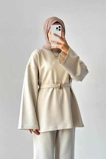 Beige Crew Neck Long Arm Cotton Regular Trousers Comfortable Suit