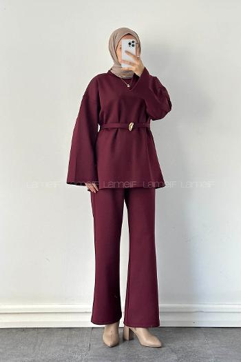Claret Red Crew Neck Long Arm Cotton Regular Trousers Comfortable Suit