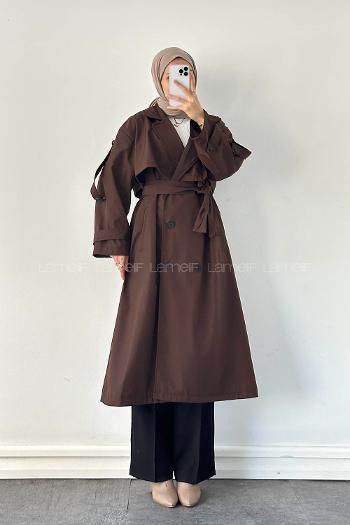 Lamelif Uzun Apoletli Oversize Trenç Kahverengi
