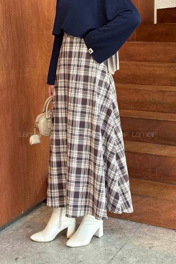 Lamelif Ekose Tesettür Etek Bordo