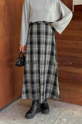 Lamelif Ekose Tesettür Etek Siyah