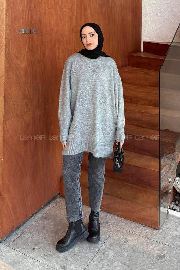 Lamelif Nakış Detaylı Triko Kazak Gri