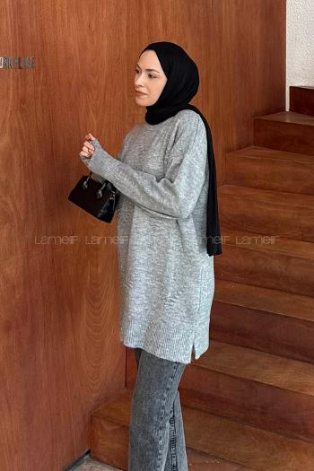 Lamelif Nakış Detaylı Triko Kazak Gri