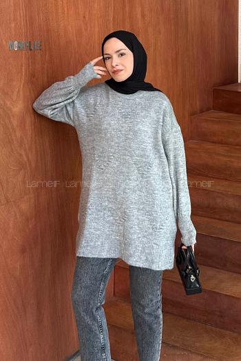 Lamelif Nakış Detaylı Triko Kazak Gri