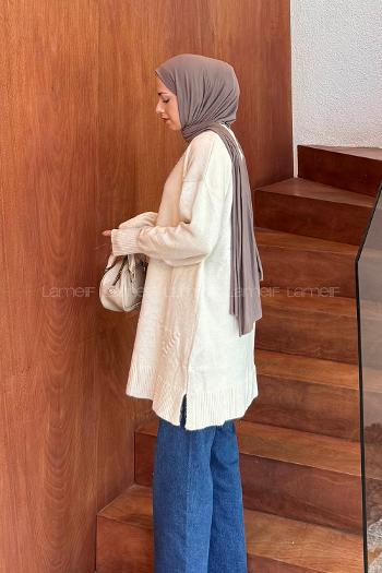 Lamelif Nakış Detaylı Triko Kazak Natural