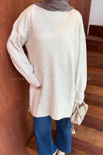 Lamelif Nakış Detaylı Triko Kazak Natural